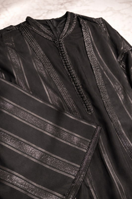 Abaya Deux Pièces – Élégance Artisanale Noir Intense