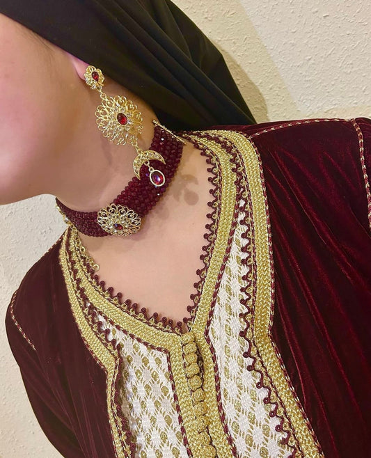 Parure collier et boucles rouge bordeaux